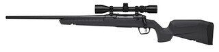 Left handed bolt action rifle with grey synthetic stock and rifle scope.